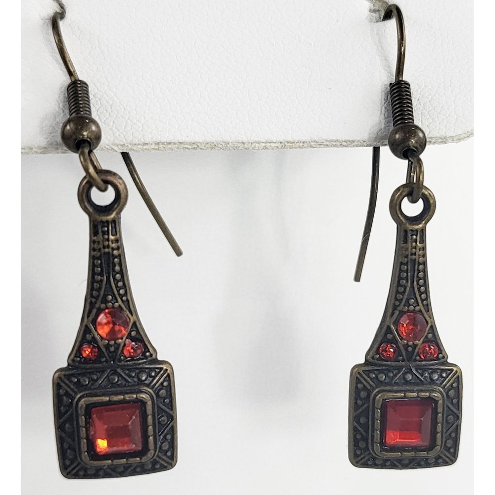 Antique Brass Tone Earrings with Red Gems